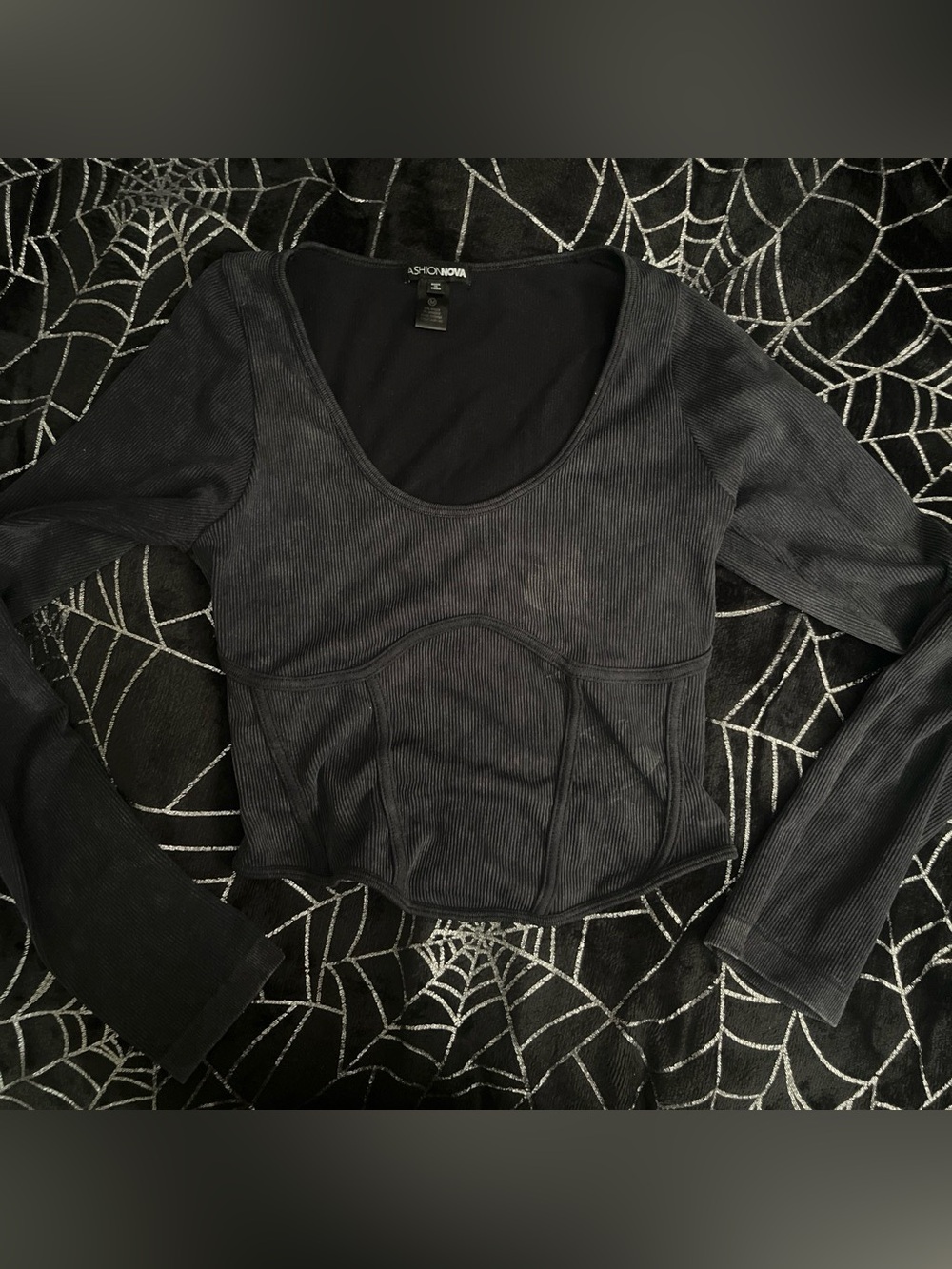 Fashion Nova Black faded wash Ribbed Long sleeve Crop Top